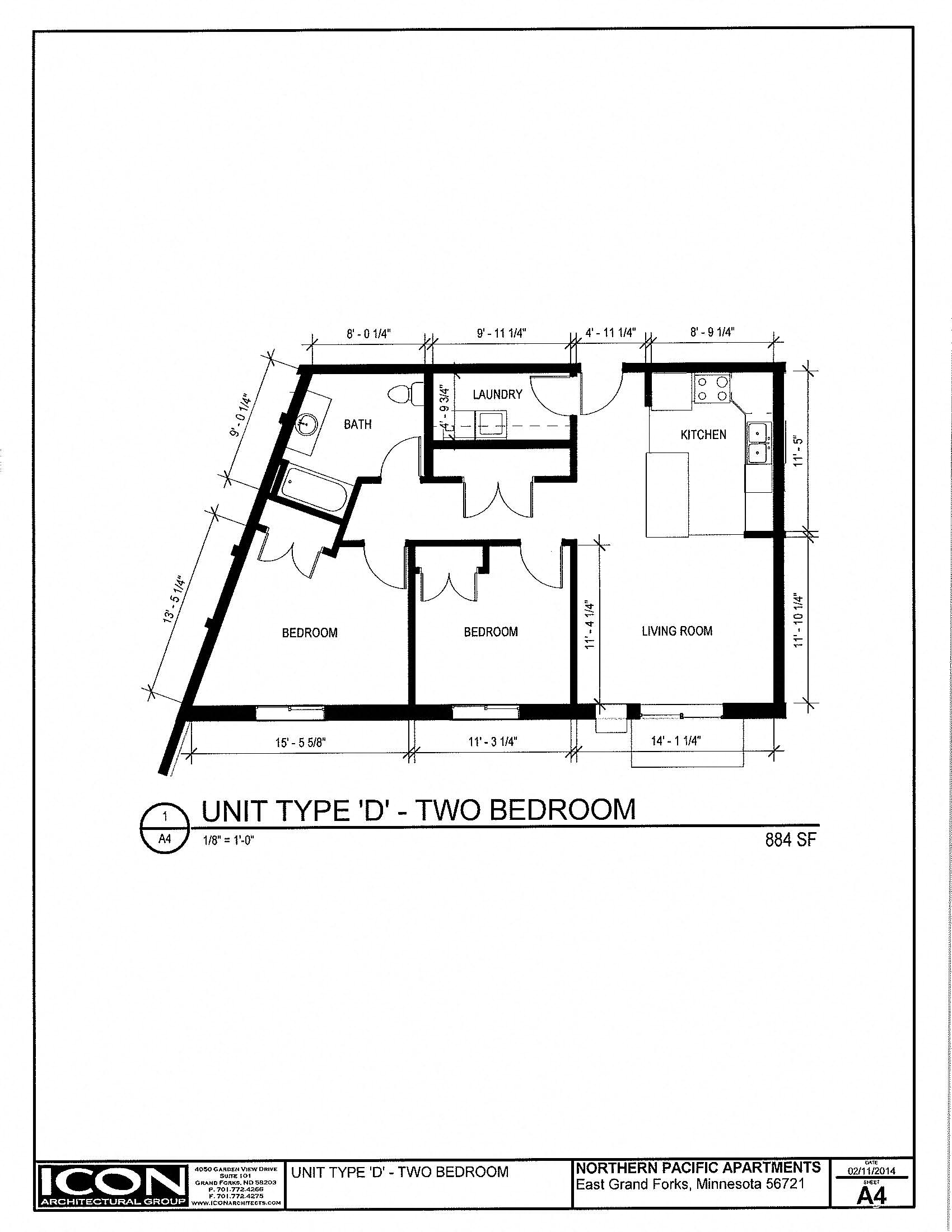 Floor plan for 2 beds, 1 bath, 884 sqft